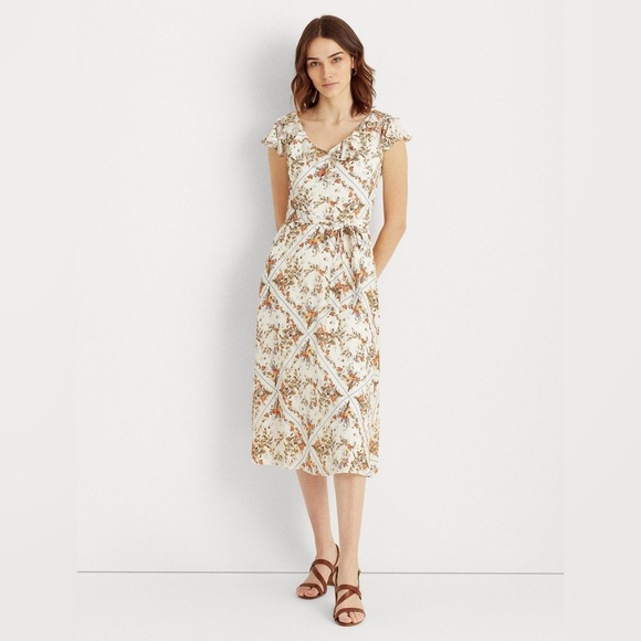 Lauren x Ralph Lauren | Petite Floral Crepe Midi Dress - Size 6P - Picture 1 of 10